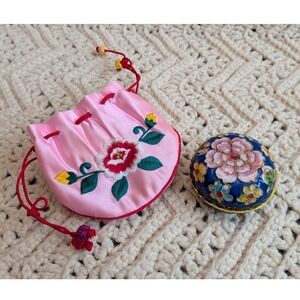 Vintage Cloisonne Enamel Trinket Box Floral Blue with Embroidered Silk Pouch